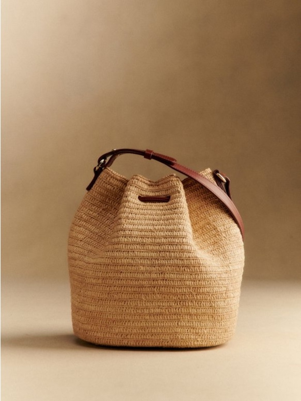 Sezane Farrow Bag Natural Raffia Bucket Bag Leather Strap Paris Summer Woven - Picture 6 of 16